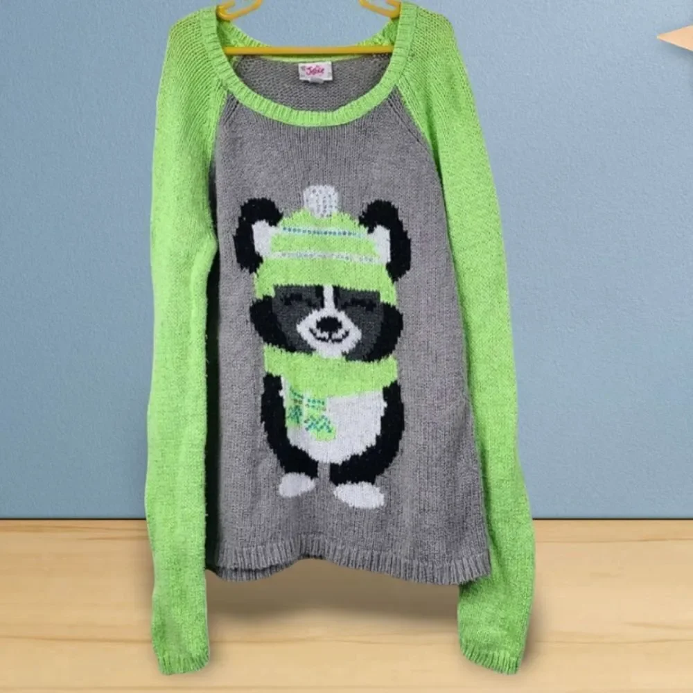 Justice Cute Winter Bear Sweater Girls 14 Pullover Neon Green/Gray Long Sleeves